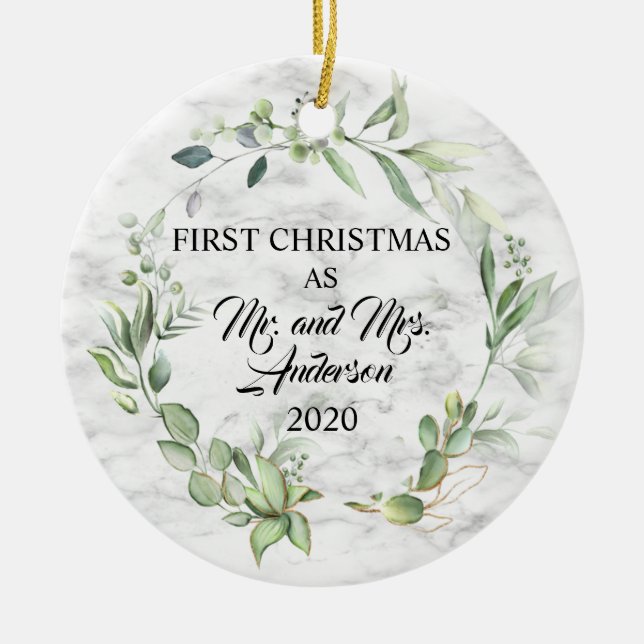 Elegant First Christmas Married Greenery Marble Ceramic Ornament (Front)