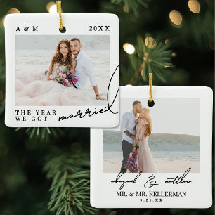 Elegant First Christmas Married Photo Ceramic Ornament