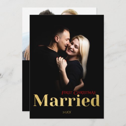 Elegant First Christmas Married Photos Black Gold Holiday Card