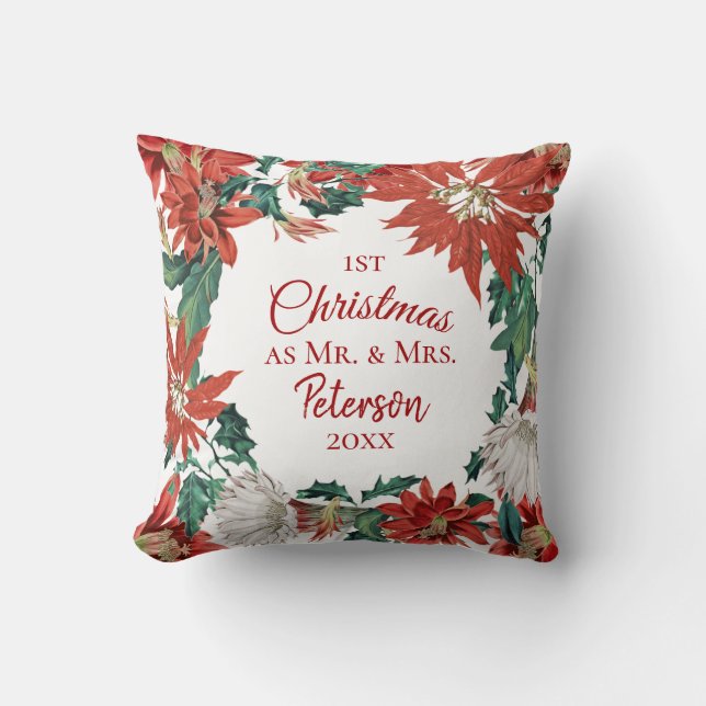 Elegant First Christmas Mr Mrs Floral Wreath Throw Pillow (Front)