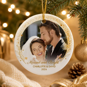 Elegant First Christmas Photo Newlywed Couple Gold Ceramic Ornament