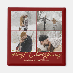 Elegant First Christmas Red Gold 4 Photo Collage Magnet