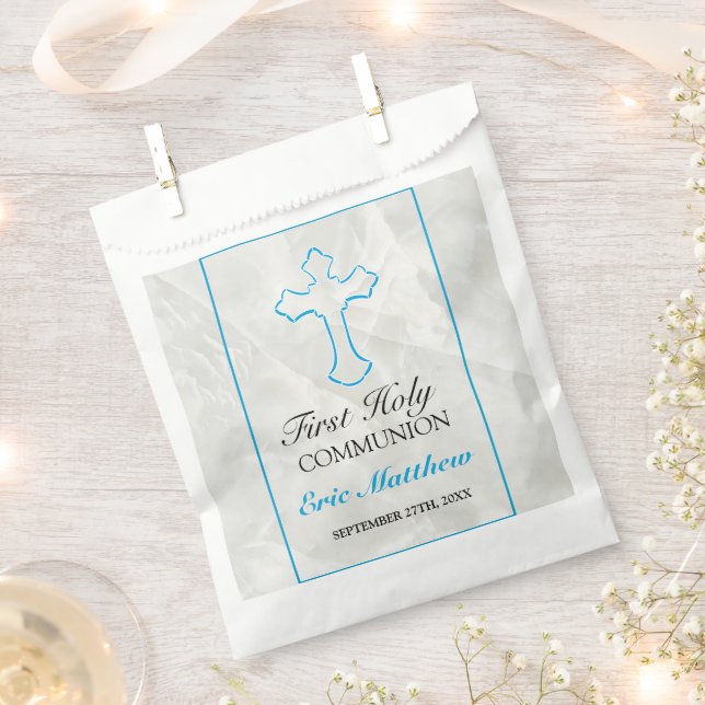 Elegant First Communion Blue Cross with Marble Favor Bag (Clipped)
