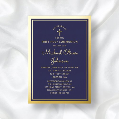 Elegant First Communion Boy Navy Blue Gold Foil Invitation