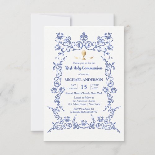 Elegant First Communion gold calice victorian blue Invitation