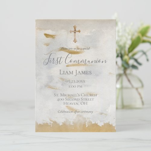 Elegant First Communion Gold Vintage Religious Invitation