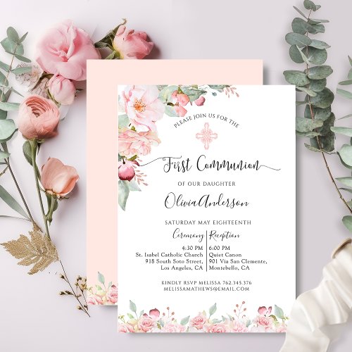 Elegant First Communion Mint and Peach Floral Invitation