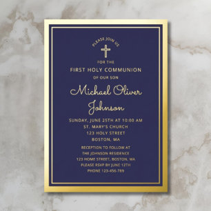Elegant First Communion Navy Blue Boy Gold Foil Invitation