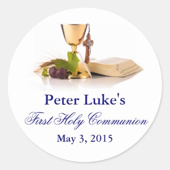 Elegant First Communion Party Favor Labels|tags Classic Round Sticker by PurplePaperInvites at Zazzle