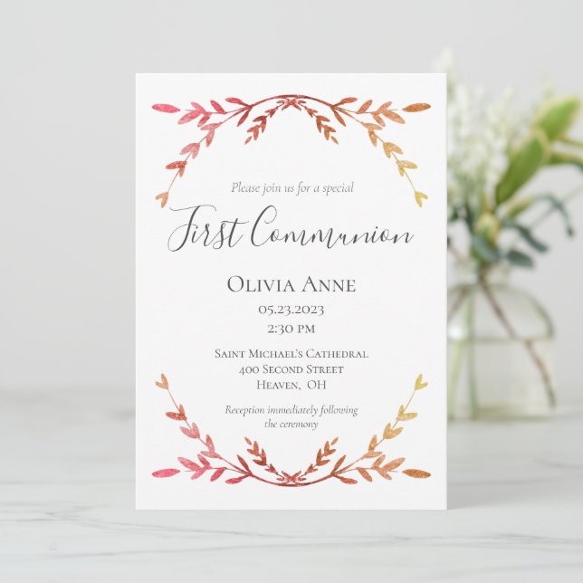 Elegant First Communion Peach Script Simple Invitation (Standing Front)