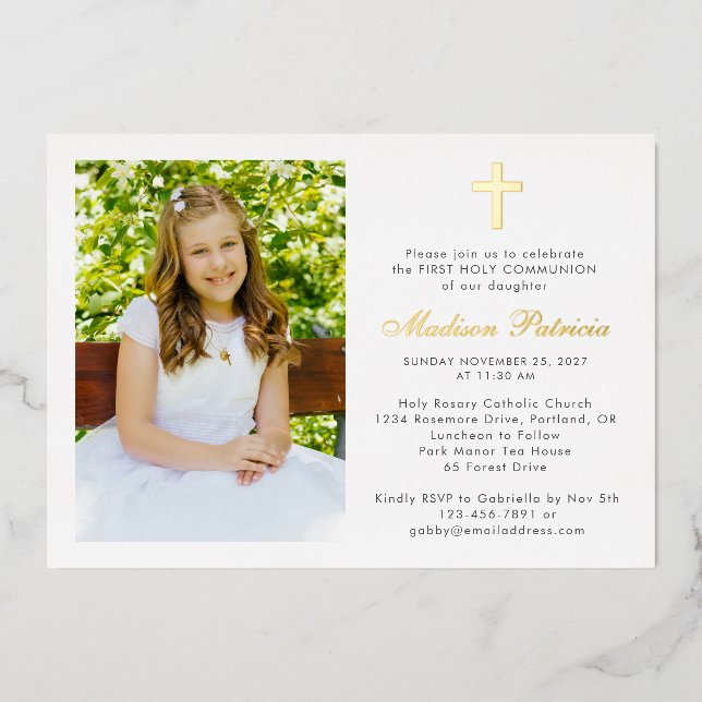 Elegant First Communion Photo Real Gold Foil Invitation (Front)