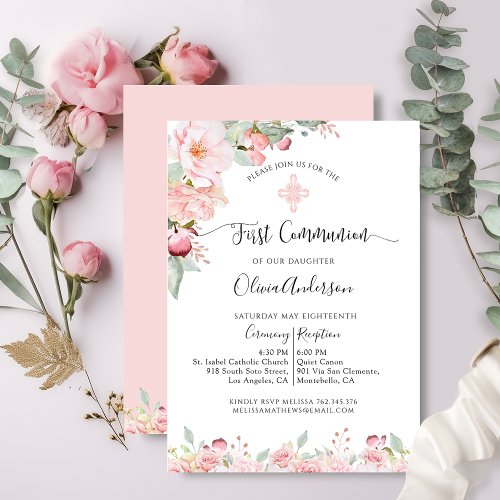 Elegant First Communion Pink and Mint Floral Invitation