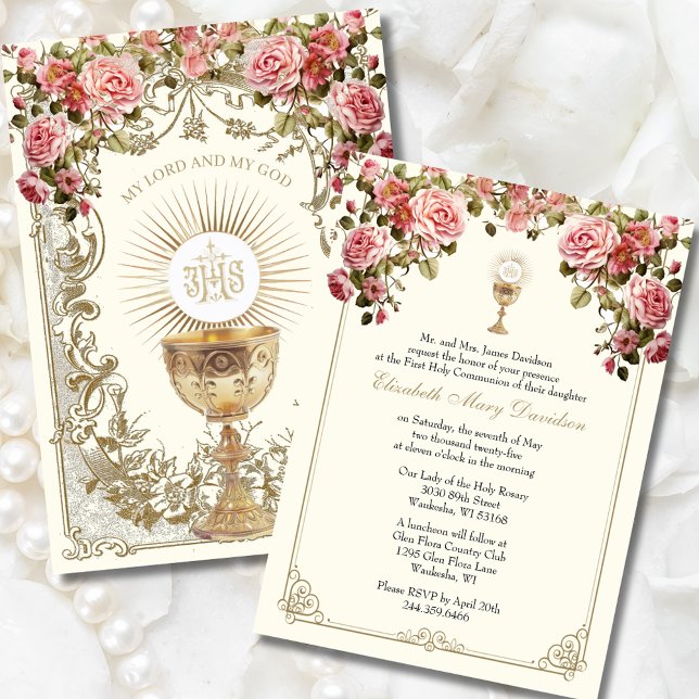 Elegant First Communion Pink Red Roses  Invitation (Creator Uploaded)