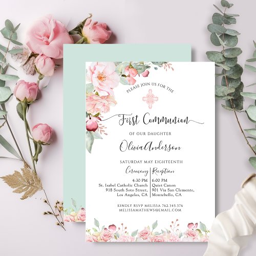 Elegant First Communion Rose Gold Mint Floral Invitation