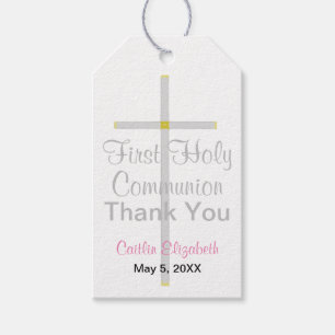Elegant First Communion Silver Cross Pink Gift Tags