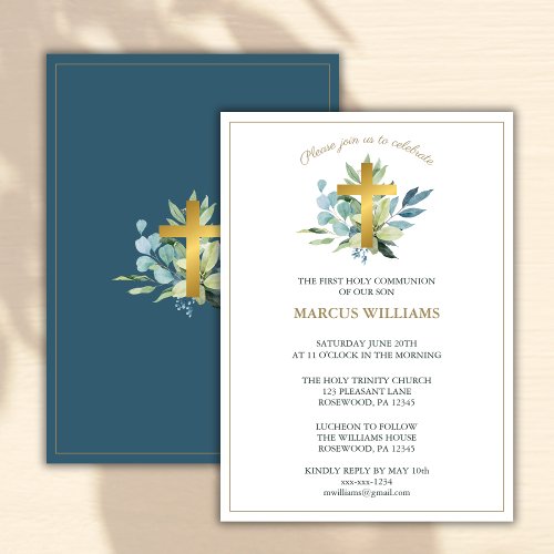 Elegant First Communion Watercolor Foliage Cross Invitation