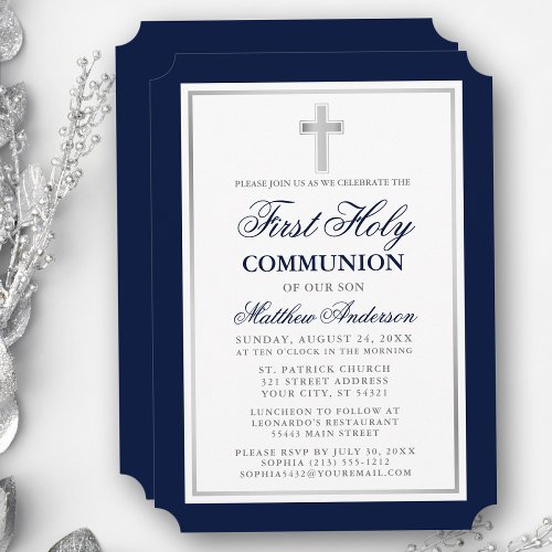 Elegant First Holy Communion Blue and Silver Invitation