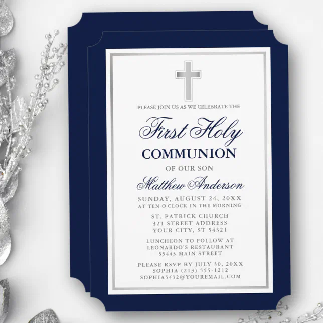 Elegant First Holy Communion Blue and Silver Invitation | Zazzle