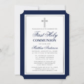 Elegant First Holy Communion Blue and Silver Invitation (Front)