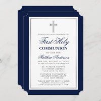 Elegant First Holy Communion Blue and Silver Invitation