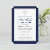 Elegant First Holy Communion Blue and Silver Invitation (Standing Front)