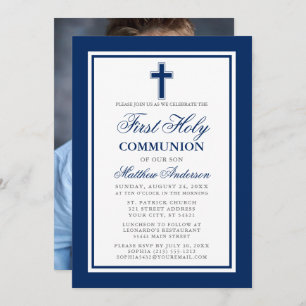 Elegant First Holy Communion Blue Silver Photo Invitation
