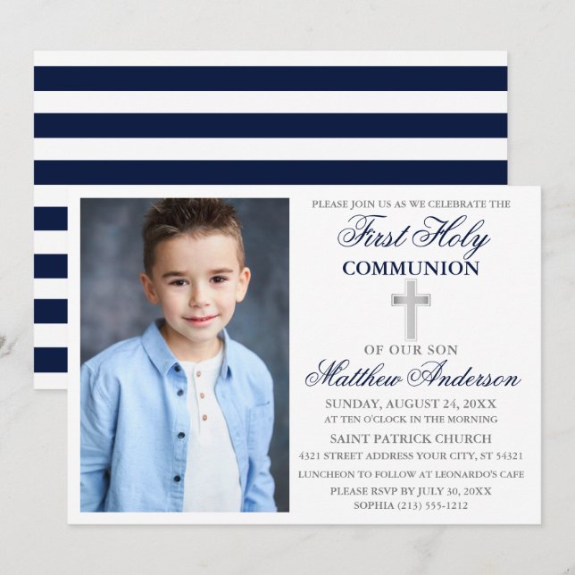 Elegant First Holy Communion Blue Silver Striped Invitation (Front/Back)