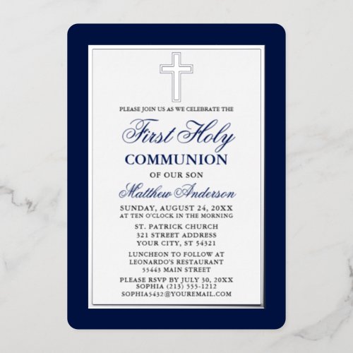 Elegant First Holy Communion Cross Silver Frame Foil Invitation