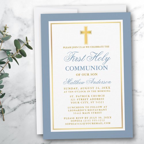 Elegant First Holy Communion Dusty Blue Gold Invitation