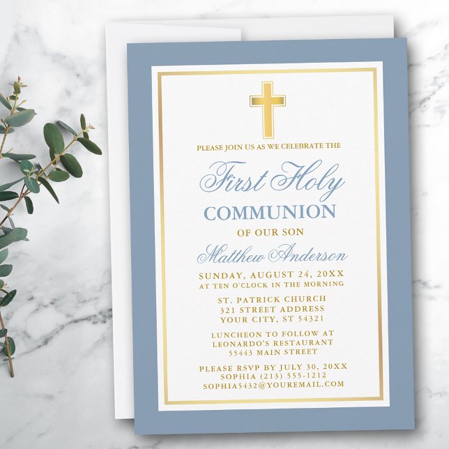 Elegant First Holy Communion Dusty Blue Gold Invitation (Customize to change text size, color or text style.)