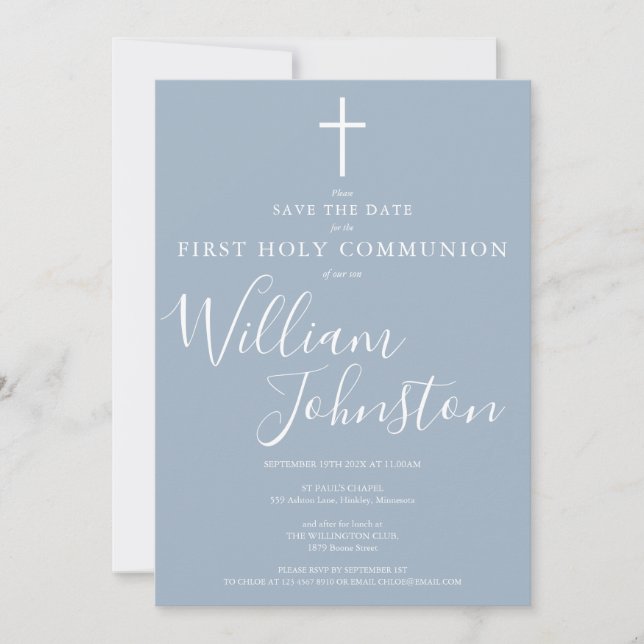 Elegant First Holy Communion Dusty Blue Save The Date (Front)