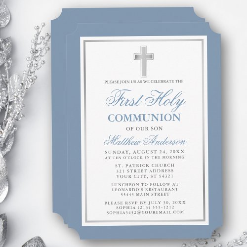 Elegant First Holy Communion Dusty Blue Silver Invitation