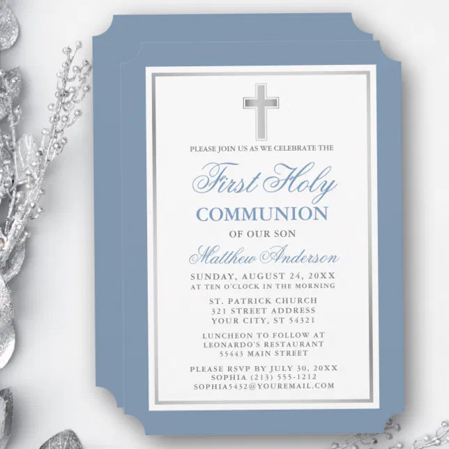 Elegant First Holy Communion Dusty Blue Silver Invitation | Zazzle