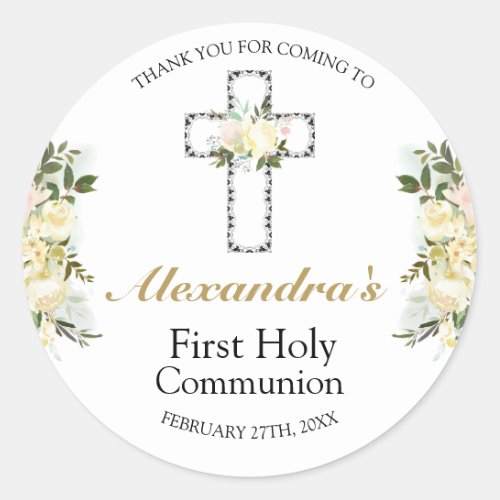 Elegant First Holy Communion Floral Cross Classic Round Sticker