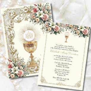 Elegant First Holy Communion Floral Invitation