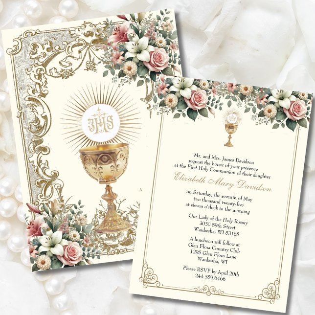 Elegant First Holy Communion Floral  Invitation (Creator Uploaded)