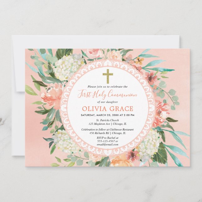 Elegant first holy communion floral watercolors invitation (Front)