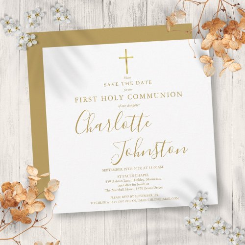 Elegant First Holy Communion Gold  Save The Date Announcement