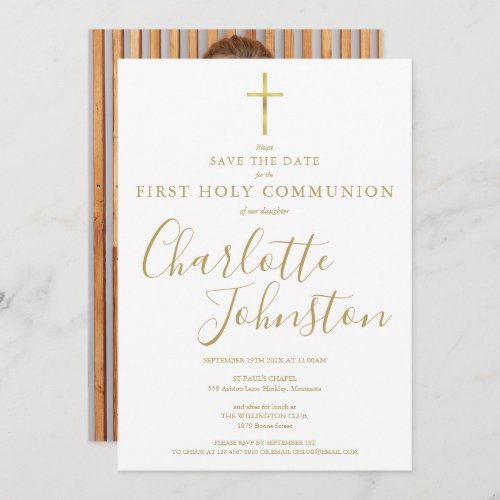 Elegant First Holy Communion Gold Signature Photo Save The Date