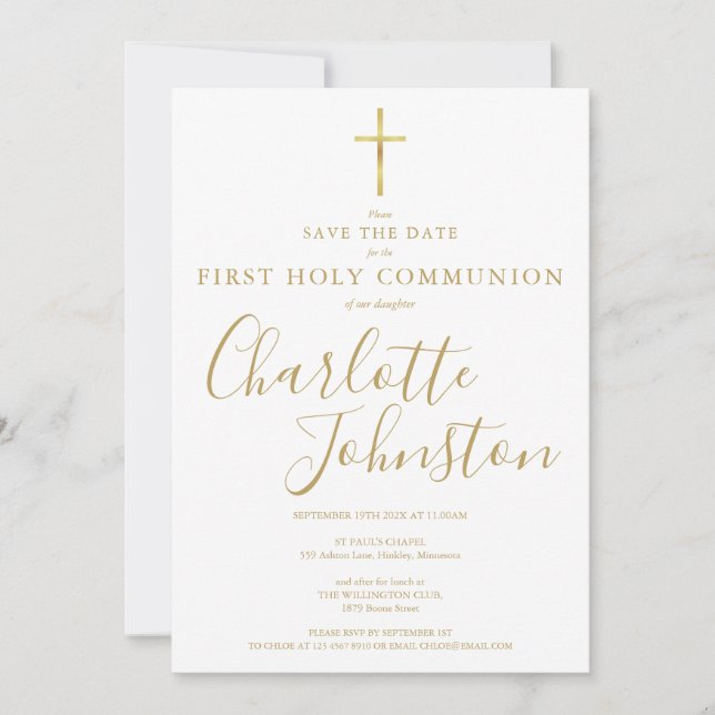 Elegant First Holy Communion Gold Signature Save The Date (Front)