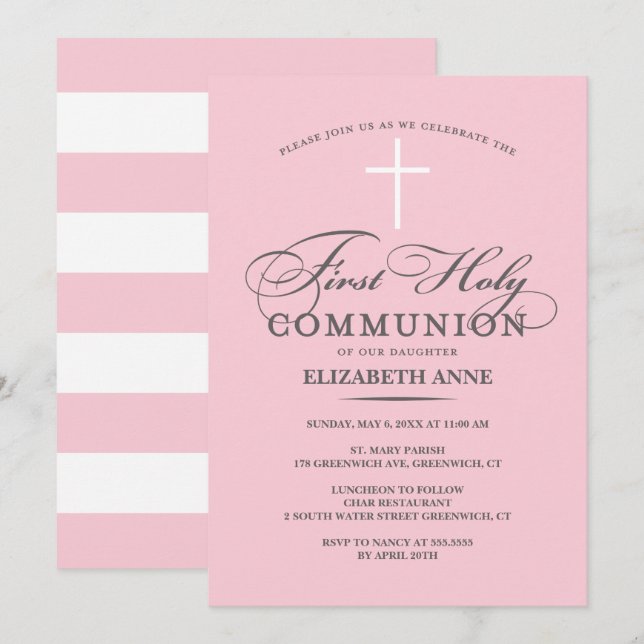 Elegant First Holy Communion Invitation Pink (Front/Back)