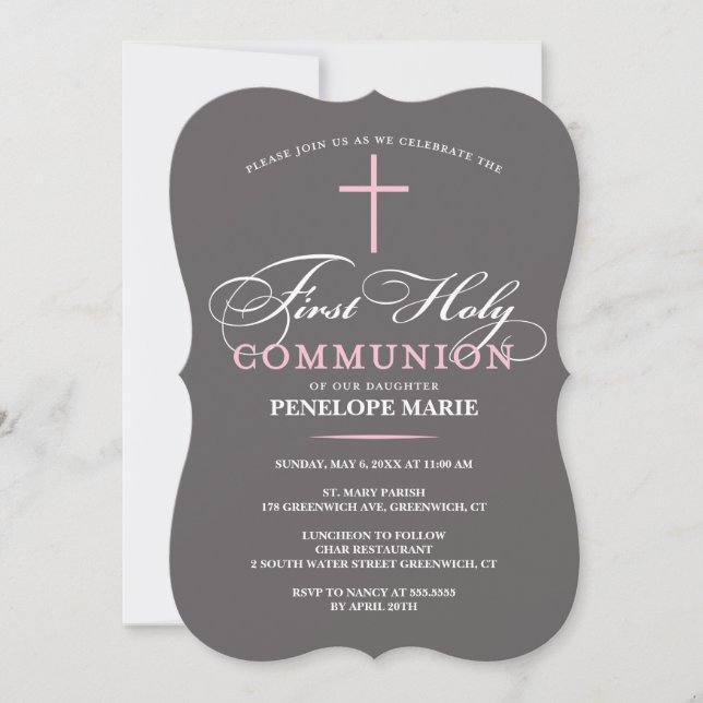 Elegant First Holy Communion Invitation Pink (Front)