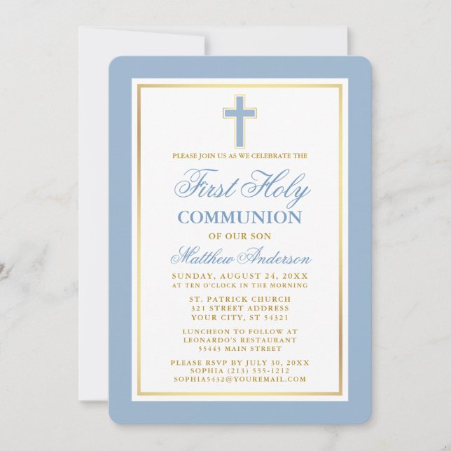 Elegant First Holy Communion Light Blue Gold Invitation (Front)