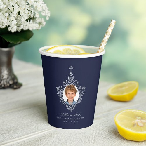 Elegant First Holy Communion Navy Blue Boy Photo Paper Cups