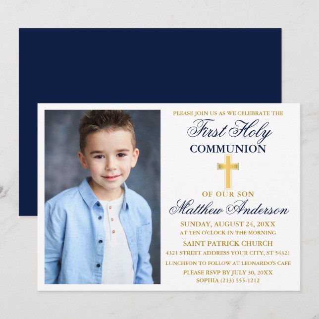 Elegant First Holy Communion Photo Blue Gold Invitation (Front/Back)