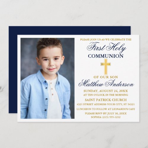 Elegant First Holy Communion Photo Blue Gold Invitation