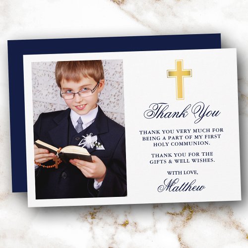 Elegant First Holy Communion Photo Blue Gold Thank You Card