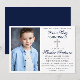 Elegant First Holy Communion Photo Blue Silver Invitation