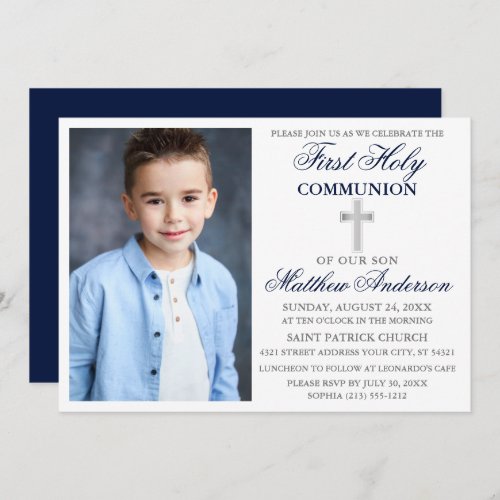 Elegant First Holy Communion Photo Blue Silver Invitation