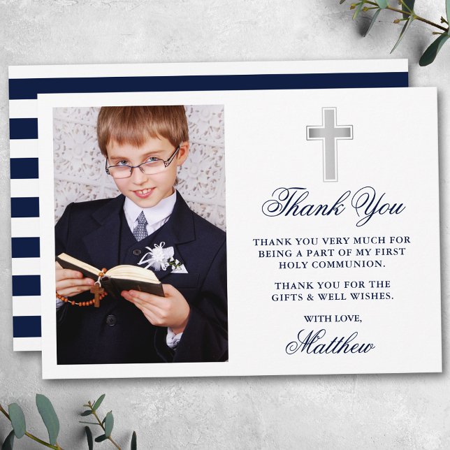 Elegant First Holy Communion Photo Blue Stripes Thank You Card (Customize to change text size,  color or text style.)